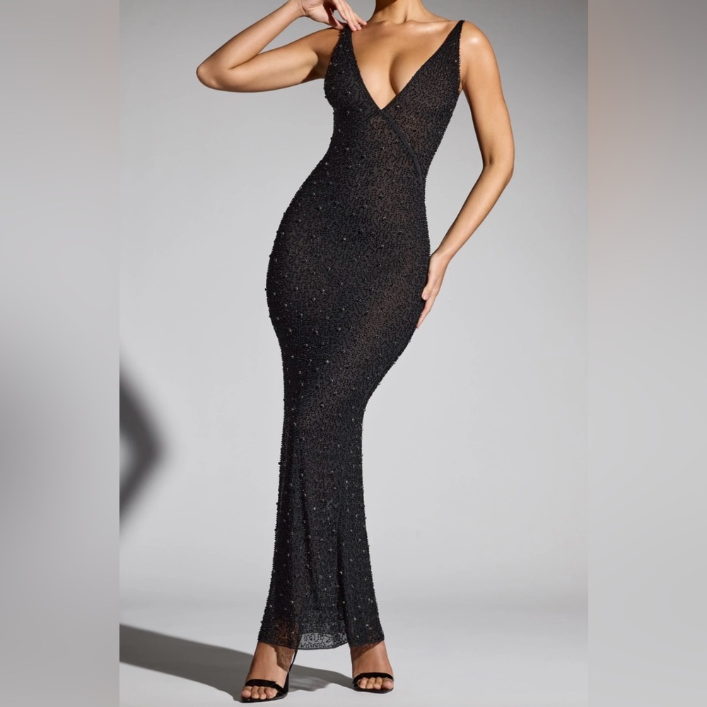 Embellished Plunge Neck Evening Gown